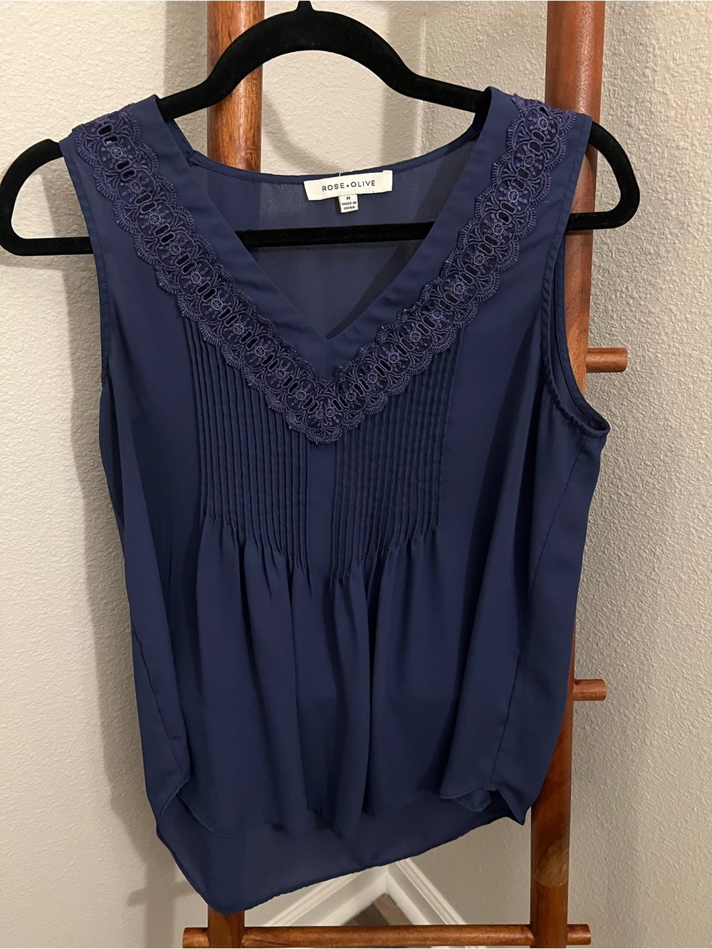 Rose & Olive Navy V-Neck Sleeveless Top with Lace Trim